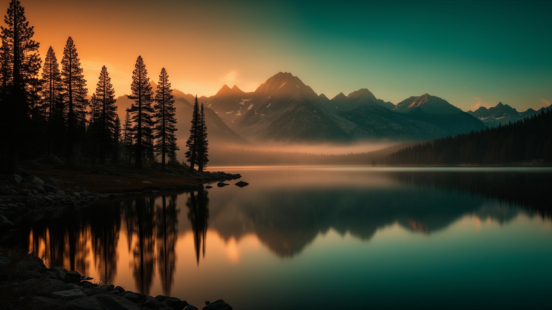 Big Bear Lake at golden hour with mountains and pine trees
